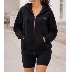 Skechers Womens Full Zip Hoodie Black Rose Gold Zipper Size Large NWT Athleisure